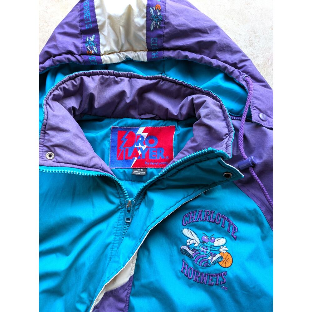 Charlotte Hornets 90s PROPLAYER puffer TAPE jacket M teal purple NBA vintage - Picture 5 of 6